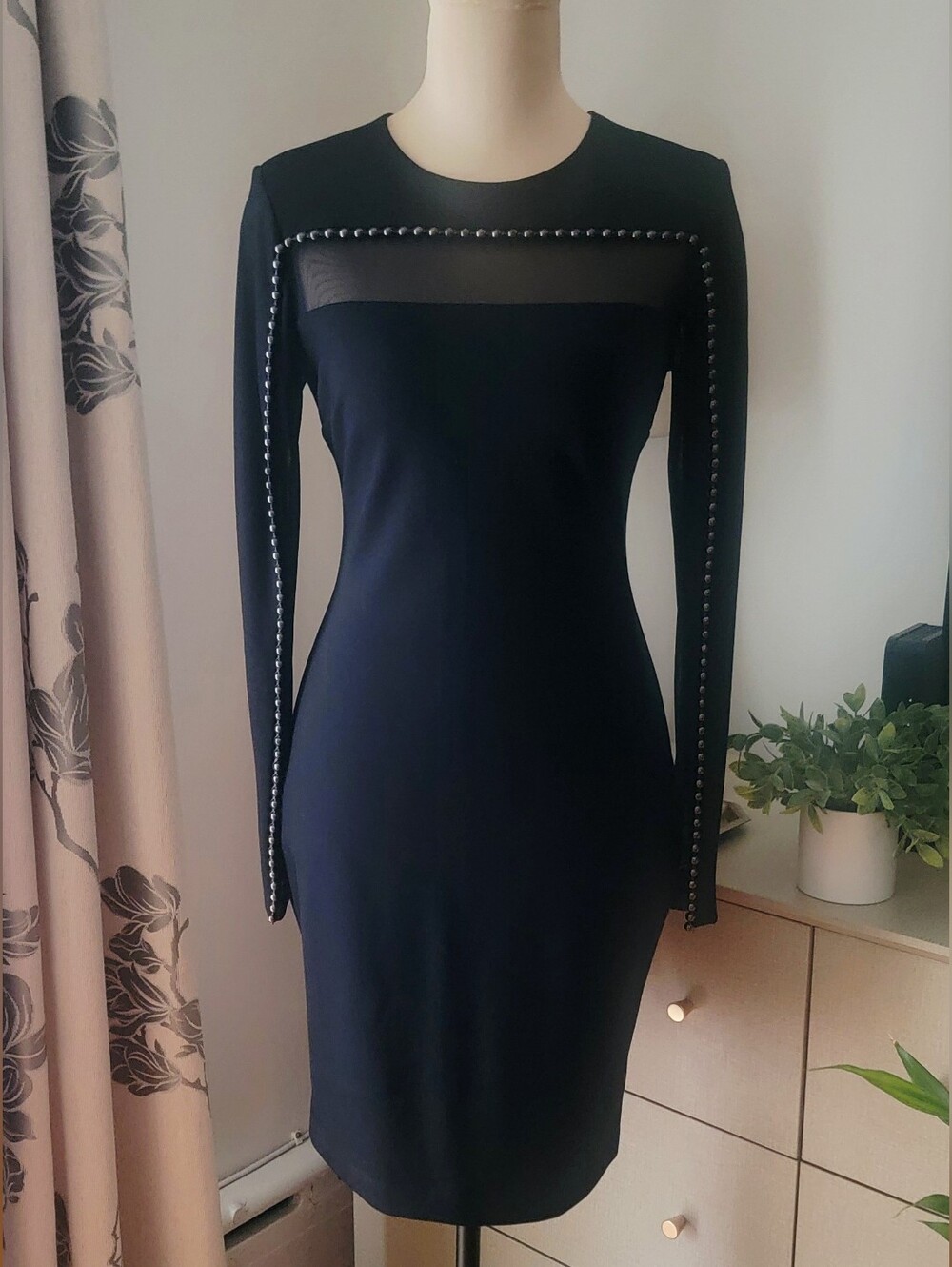 GUESS Black Mesh Panel Gunmetal Studded Long Sleeve Sheath Dress - Size S